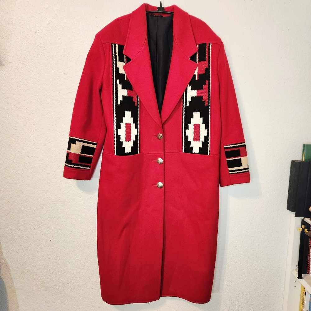 Vintage Pioneer Wear Southwestern‎ Red Chimayo Blanket Patterned Women's Coat, M